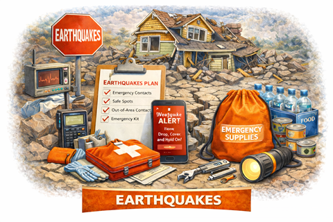 Image of post earthquake damage and disaster supplies.