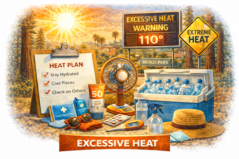 Image shows excessive heat warning.  It has supplies such as water, fans, hats and first aid.
