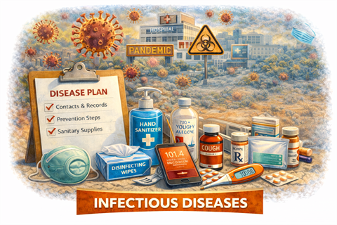 Image show personal protective measures such as mask, hand sanitizer and medications used during Public Health Emergencies.