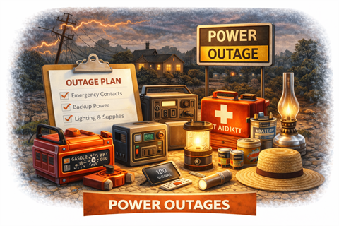 Image shows a power outage and tools such as flashlights and battery generator.