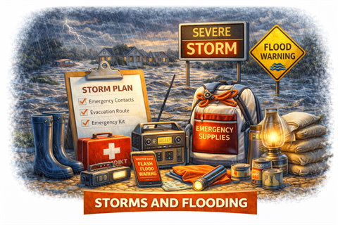 Emergency Preparedness for Storms and Flooding.  Sandbags, radio, go bag, first aid.