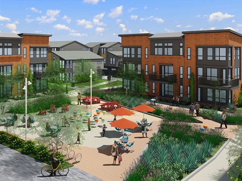 Image shows possible affordable housing site with trees, park and housing