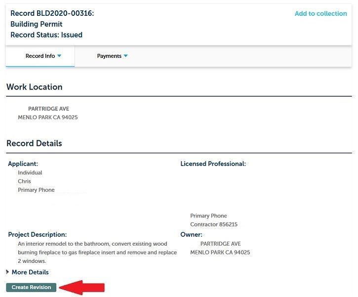 Screenshot of ACA Create Revision button