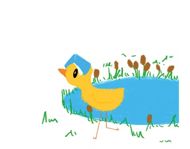Simple artwork of a yellow duckling by a pond with a book on its head.
