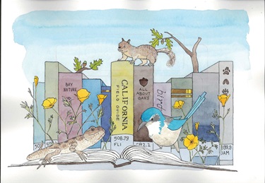 Watercolor art of books about California, with a lizard, squirrel, bluebird, and poppies.