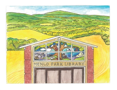 Chalk pastel art of the Menlo Park Library entrance, with Ann Hogle's Windy Hills painting as the backdrop.