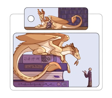 Digital art of a dragon perched on a stack of books looking down at a person. The dragon and person are reading together in the keychain card.