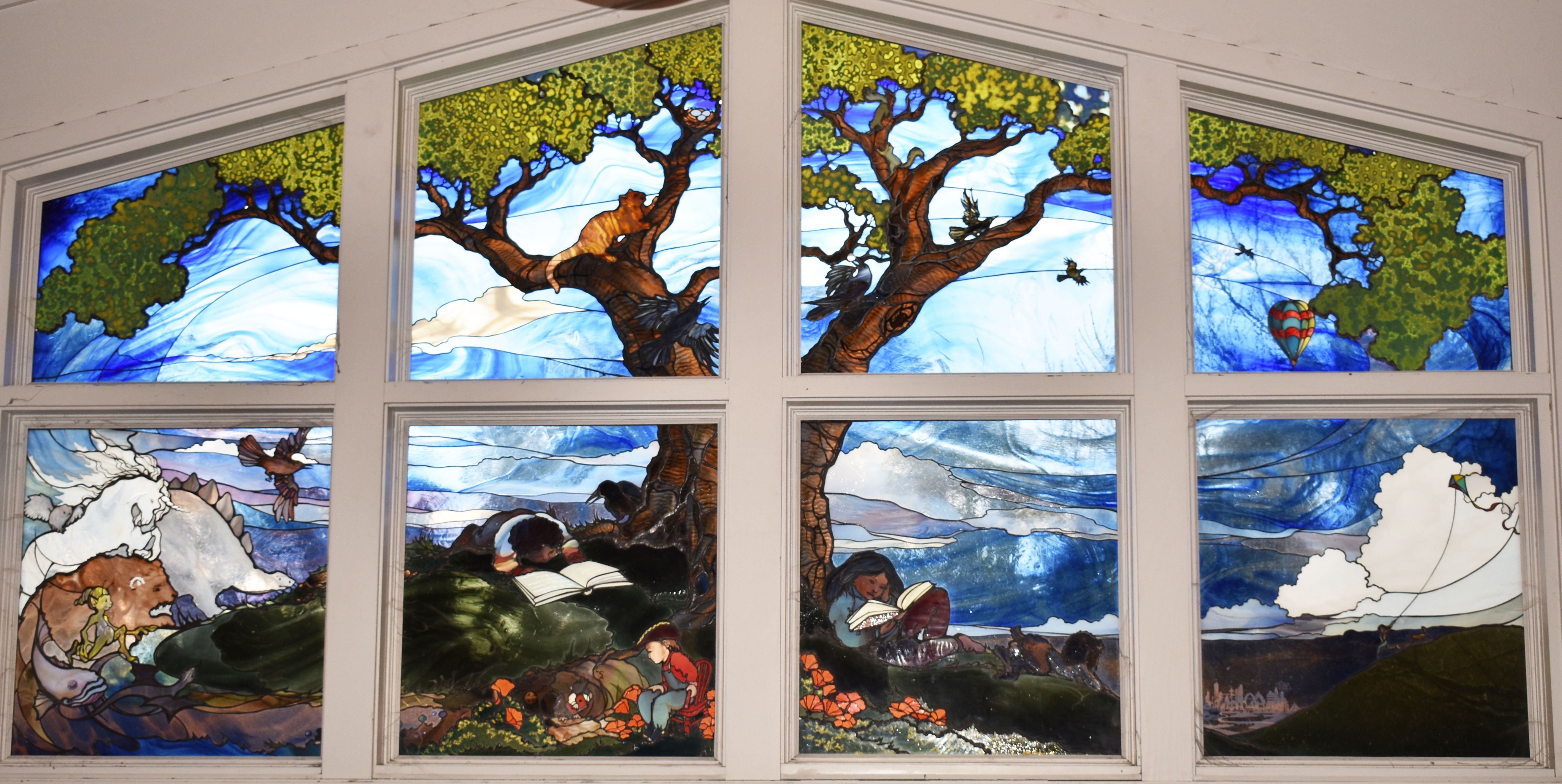 Photo of stained glass by library entrance.