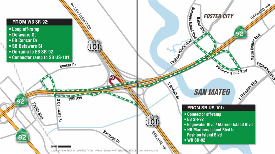 Overnight closures on U.S. 101 and SR-92 interchange Feb. 24-28
