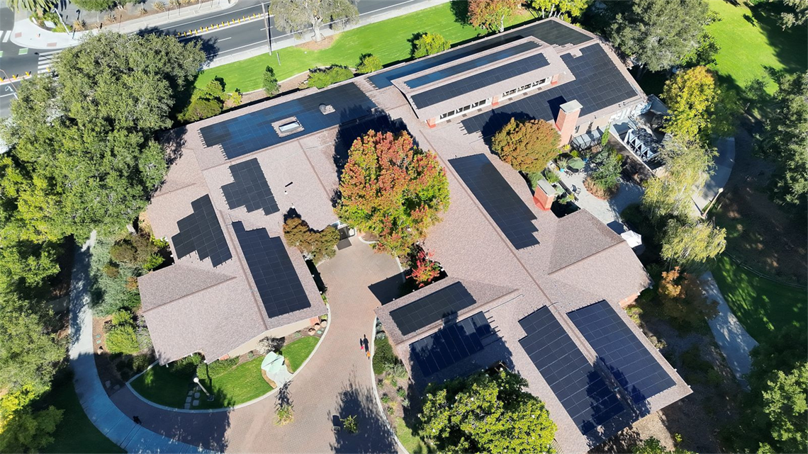 Aerial view of Menlo Park Library with solar panels
