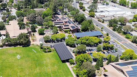 Aerial view of solar panels at City Hall