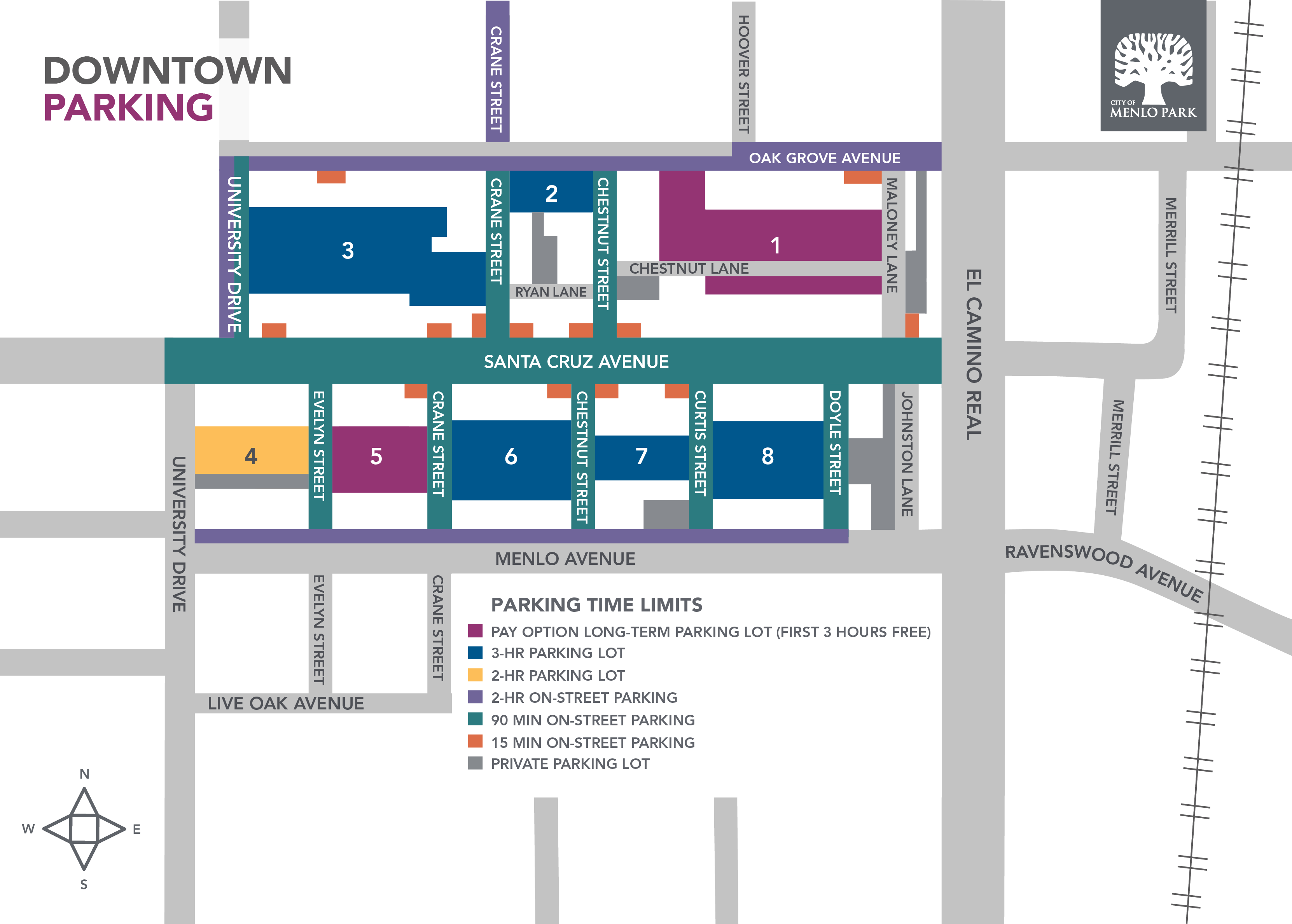 Downtown Parking map with parking time zones and limits identified