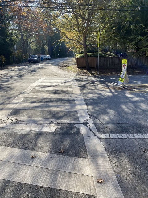 Depection of sidewalk with cracks and fainted painting for repair
