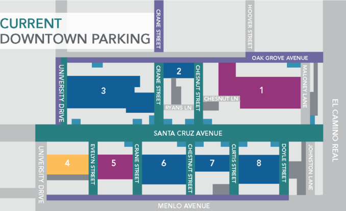 Image of a downtown parking highlighting eight parking lots along Santa Cruz Avenue between Oak Ave and Menlo Ave