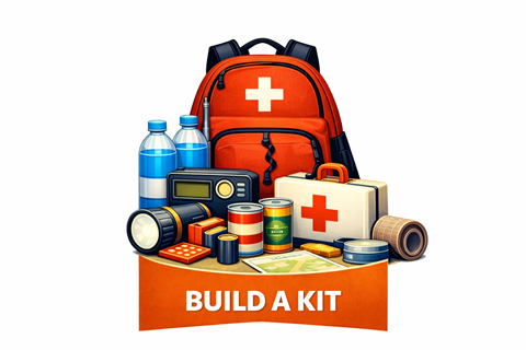 Backpack with emergency supplies, food, water, first aid and flashlight.